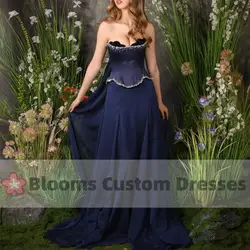 Customized Sexy Beaded Navy Sleeveless Prom Dress Back Long Tail A-Line Satin Chiffon Formal Occasion Party Evening Dresses