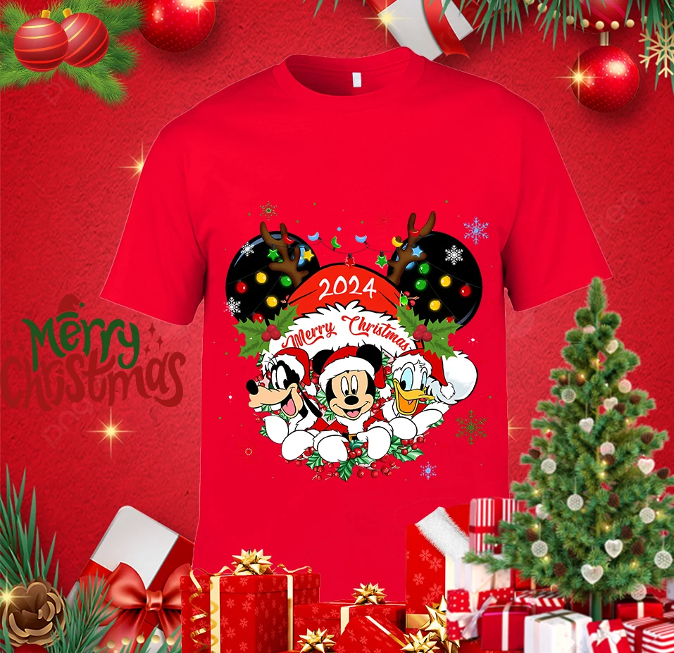 Mickey Christmas 2024 Print Men\'s T-shirt Casual Top Cotton Short Sleeve