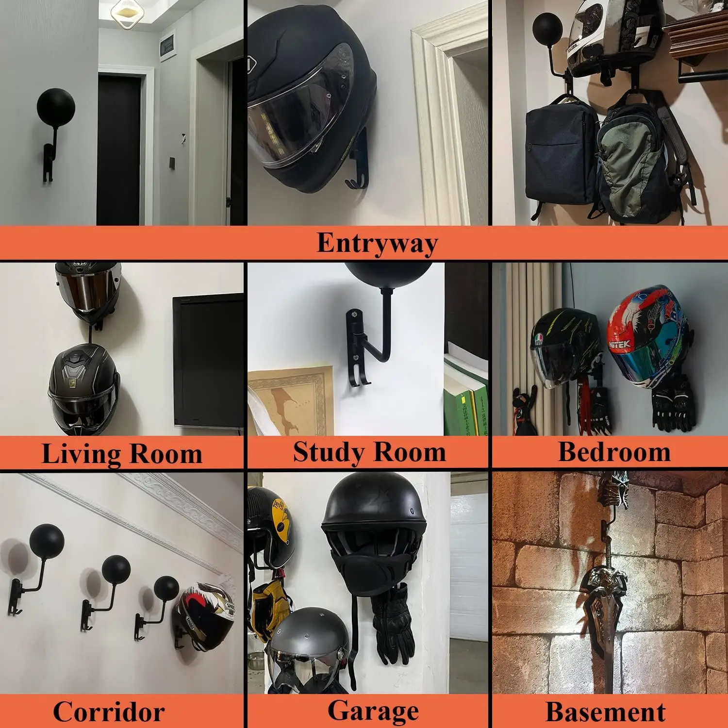 Motorcycle Helmet Holder Wall Mount 180°Rotation Football Bicycle Helmet Rack With 2 Hooks Helmet Display Hanger Stand for Caps