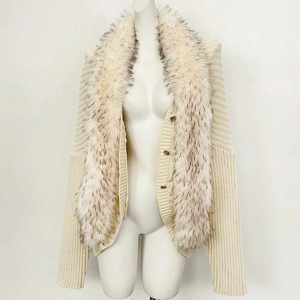 OFTBUY V-Ausschnitt Kunstpelzkragen Gerippter Strickpullover Mantel Damen Kurze Strickjacke Locker Geschnittene Schulter Neue Winteroberbekleidung – Detail 20