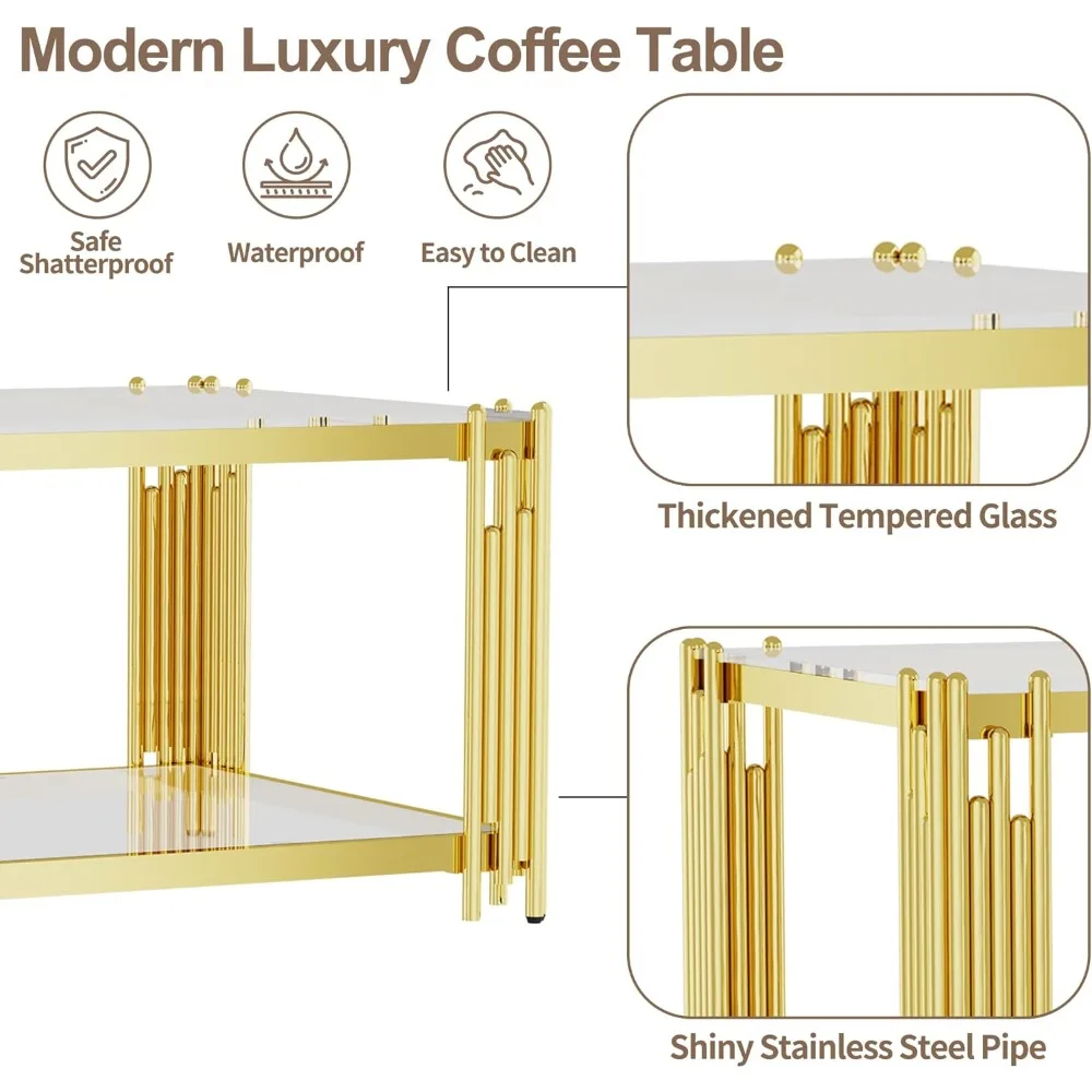 Zestaw 3 złotych szklanych stolików kawowych, stolik pomocniczy, nowoczesny zestaw stolików do salonu, prostokątny, przezroczysty, ze szkła hartowanego, luksusowy, ze stali nierdzewnej.