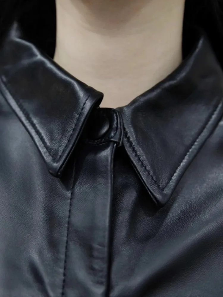 패션 신상 여성 싱글 브레스티드 반팔 턴다운 칼라 미디 기장 천연 가죽 루즈핏 캐주얼 여성 오피스 드레스
