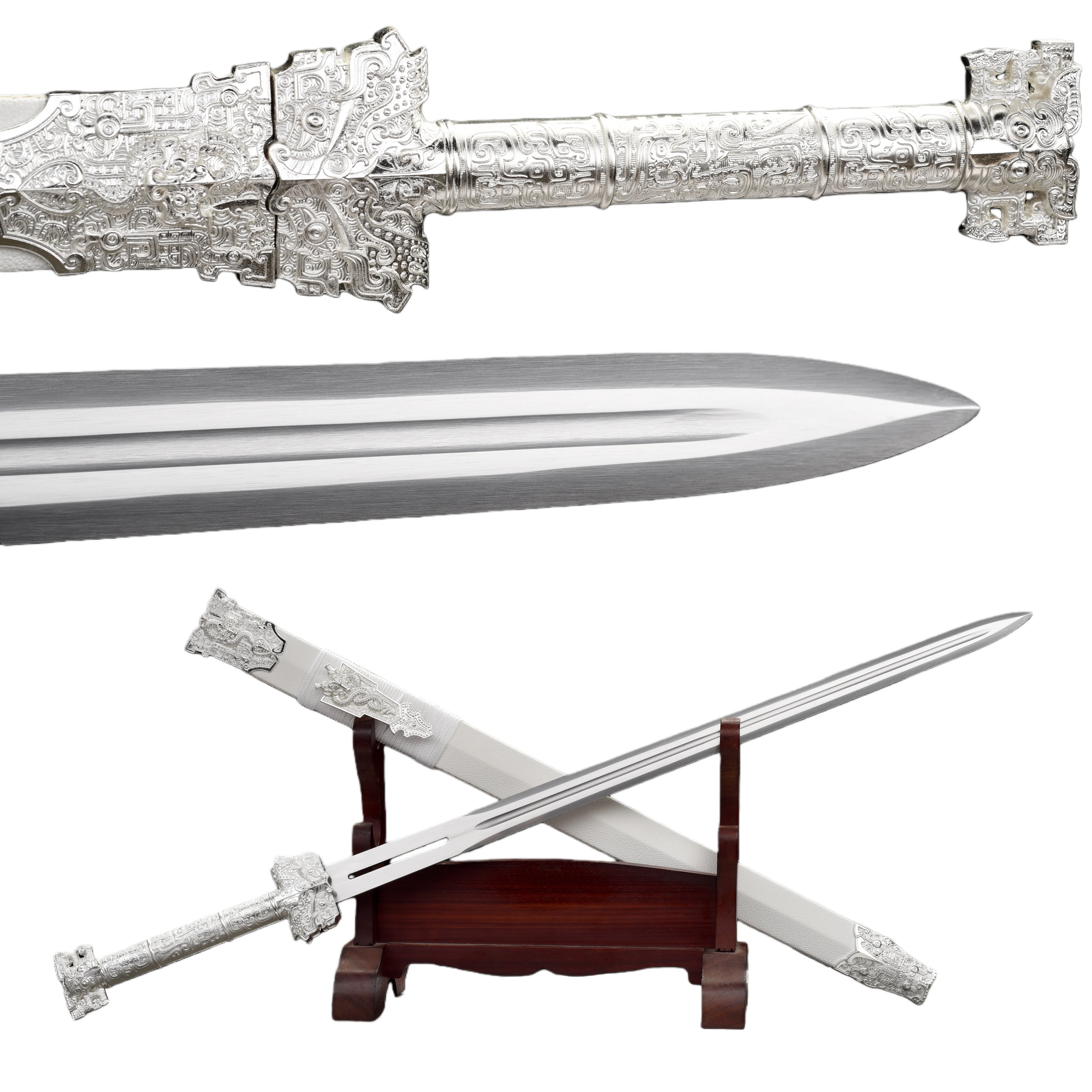 Silver-white moon center Chinese samurai sword, medieval cosplay retro battle preparation, real steel, sharp blades,katana ninja