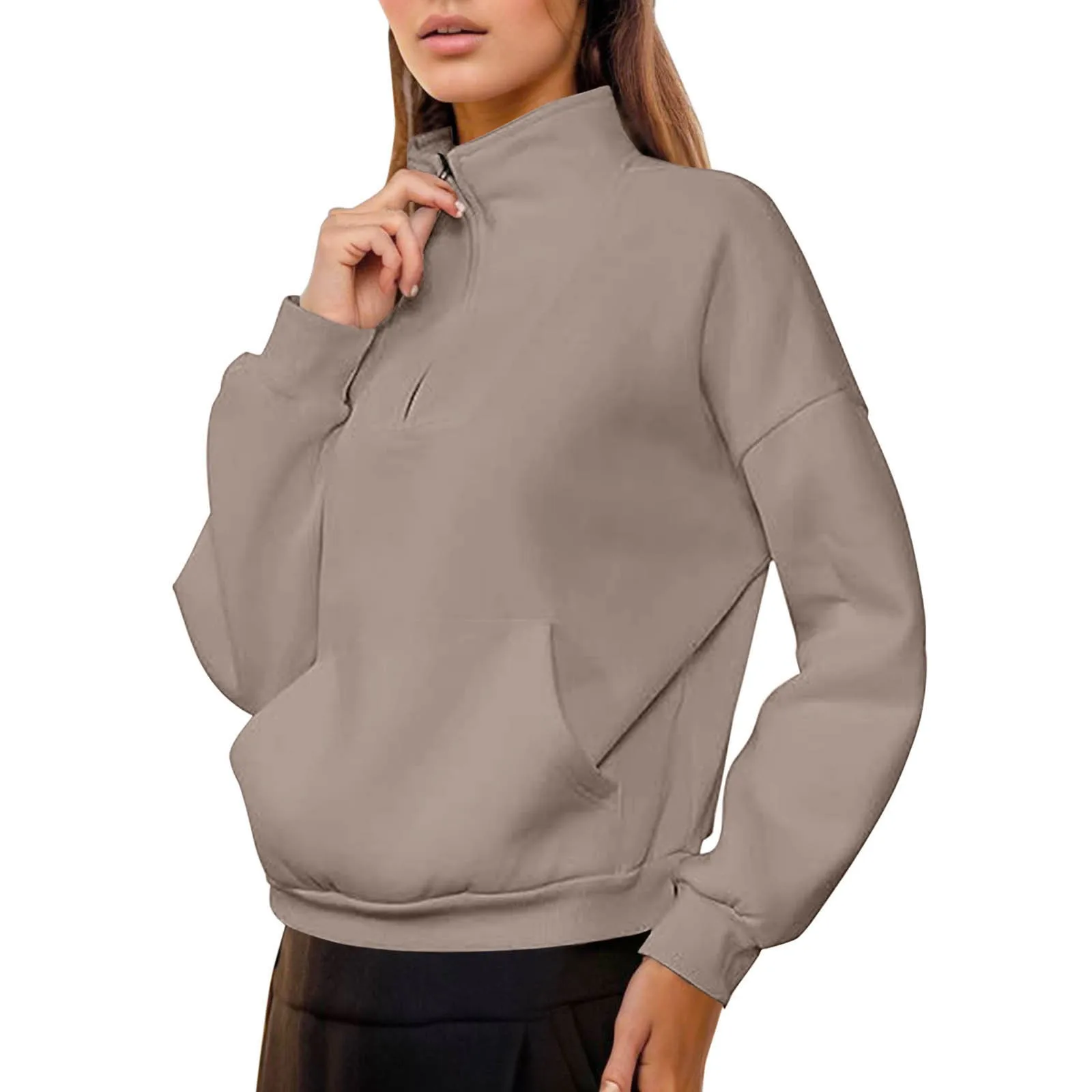 

Women Sweatshirt Minimalist Long-Sleeved Warmth Blouse Pullover Stand-Up Collar Y2k Clothes Zipper Pocket Solid Color Hoodies