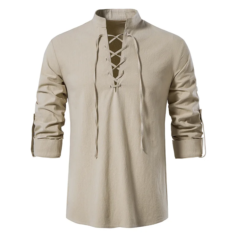 Рубашка мужская с длинным рукавом, Повседневная блузка из хлопка и льна, тонкая модная сорочка с V-образным вырезом, в винтажном стиле, лето