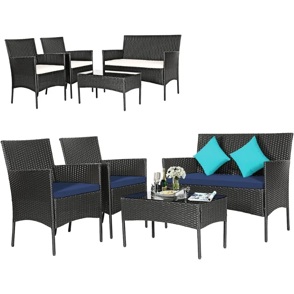 

4 Pieces Patio Furniture Set, Outdoor Wicker Conversation Set With Tempered Glass Tabletop, Rattan Sofa And Chairs Set With Off