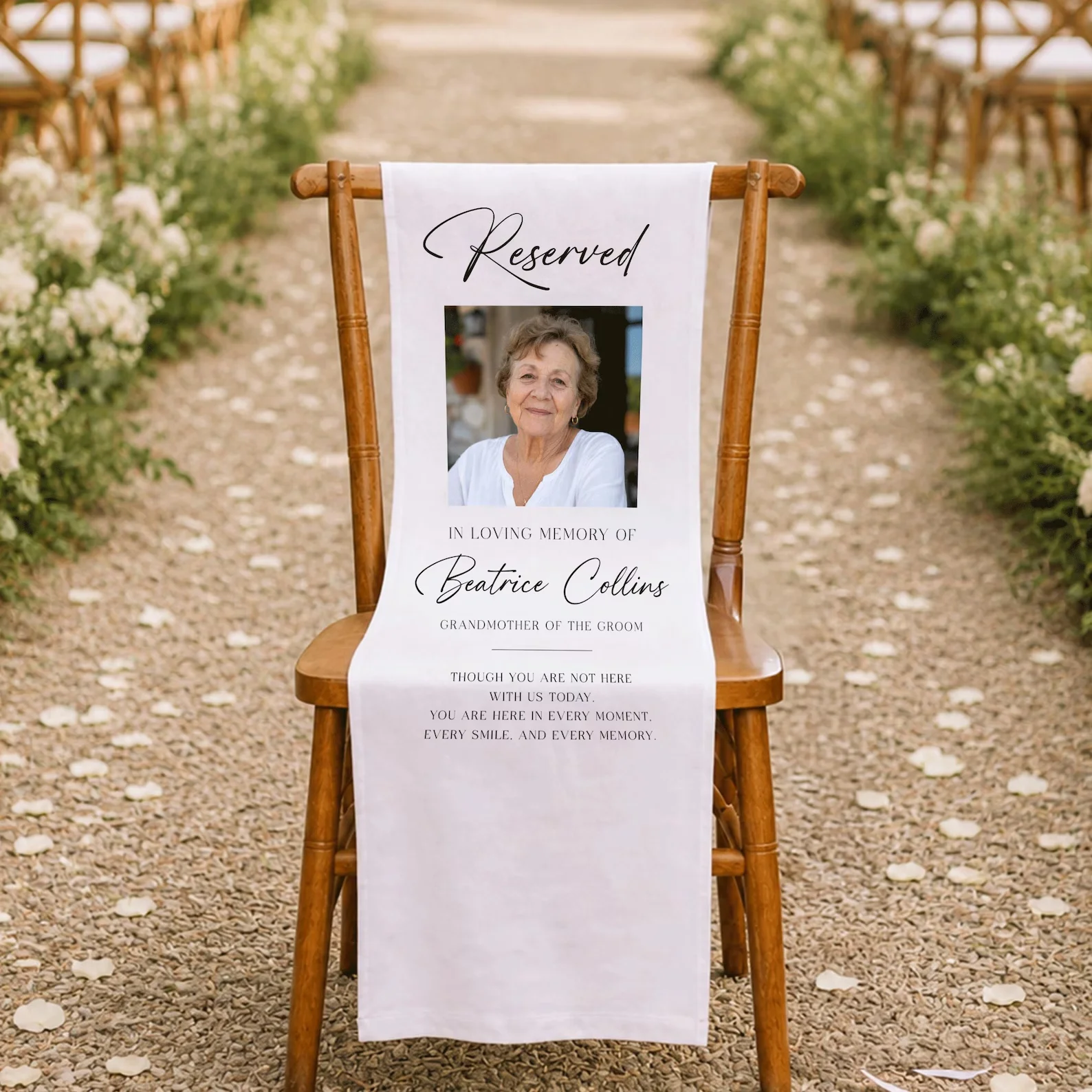 Personalized Wedding Memorial Chair Sign Custom Photo Name Reserved Seat Banner in Loving Memory Ceremony Aisle Decor