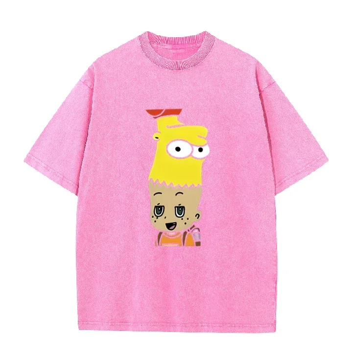 Mashup Cartoon Bart Simpson Print Vintage Washed T-Shirt Schwarz Casual Streetwear – Detail 9