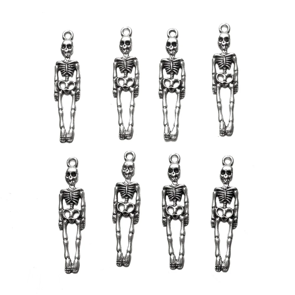 20Pcs/lot 9*38mm Tibetan Silver Color Skeleton Charms For Earrings Necklaces Skull Pendant DIY Jewelry Making Accessories