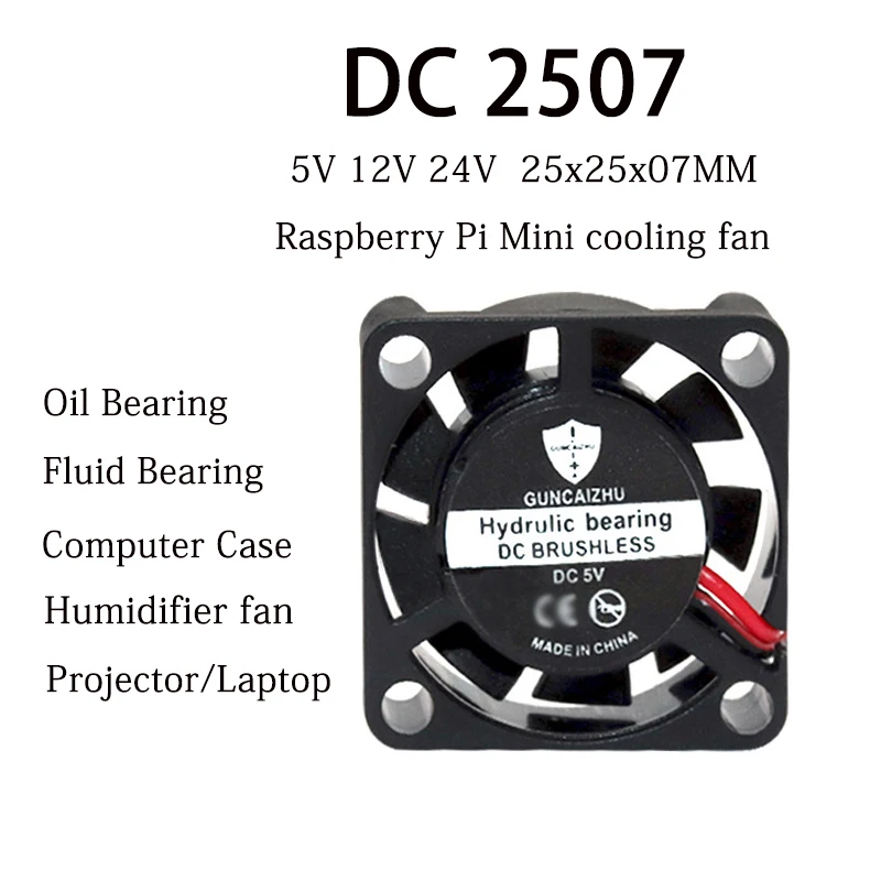 Ventilador 2507 con rodamiento de aceite, humidificador con 2 pines, 25x25x7MM, DC 5V, 12V, 24V, 10028RPM, 0.06A