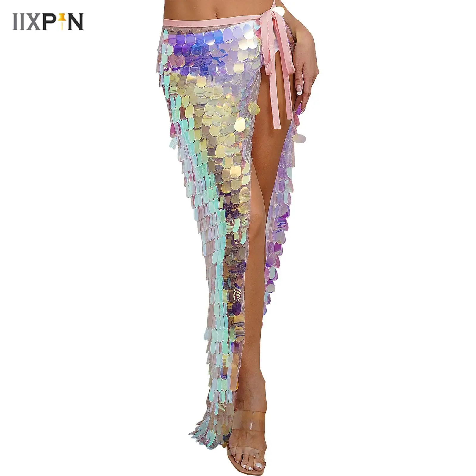 

Womens Belly Dance Belt Hip Scarf Wrap Shinning Sequins Lace-Up Mermaid Dress Up Festival Dance Costumes Belly Dancing Skirt