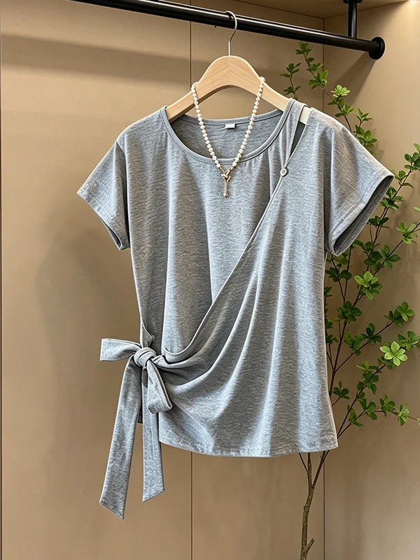 

plus Size Summer New Women's Design Short Sleeve T-Shirt Regular Shoulder Uneven Versatile Slimming Top for plus Size Women