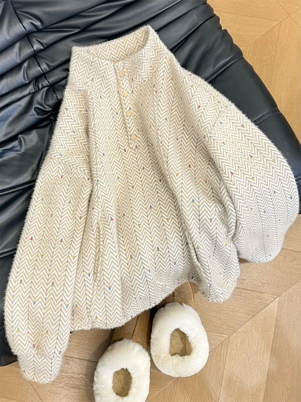 

Winter Warm Fuzzy Sweater Half High Neck Knit Women's Sweatshirt Korean Style Loose Fit Long Sleeve Embroidered