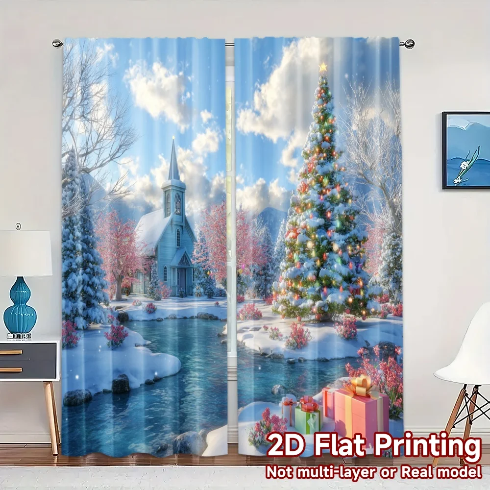 2pcs, 2D FLAT PRINTING Curtains (Without Rod) Winter Wonderland Popular Creative Curtains Versatile Polyester Fabric Curtains