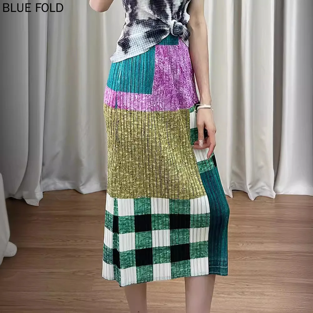 

Miyake Summer Design High-end Color Matching Plaid Skirt Women's High Waist Temperament Commuter Skirt Faldas Ropa De Mujer