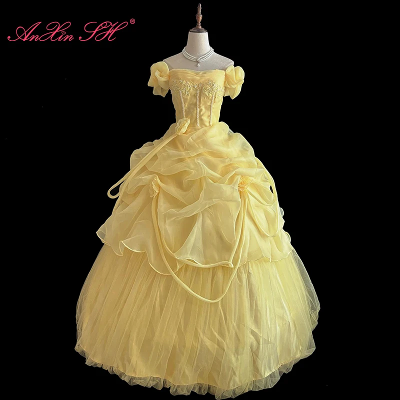 

AnXin SH vintage princess yellow rose flower lace boat neck beading crystal ruffles lace up Antique customized wedding dress