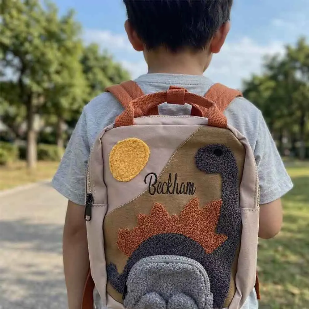 Custom embroidered dinosaur backpack, personalized name cartoon canvas kindergarten children's backpack, New Year Gift Package
