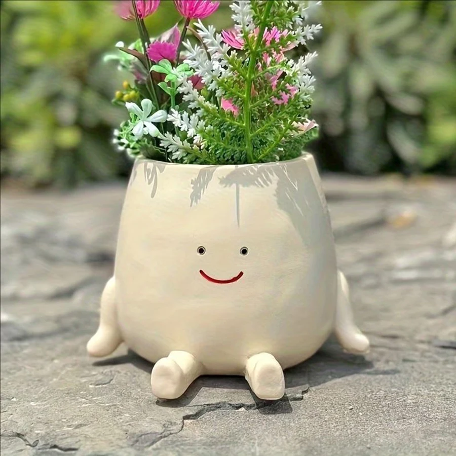 1pc Cute Round Face Sitting Posture Flower Pot Plant Succulent Flower Pot Home And Office Desktop Decoration Flowerpot