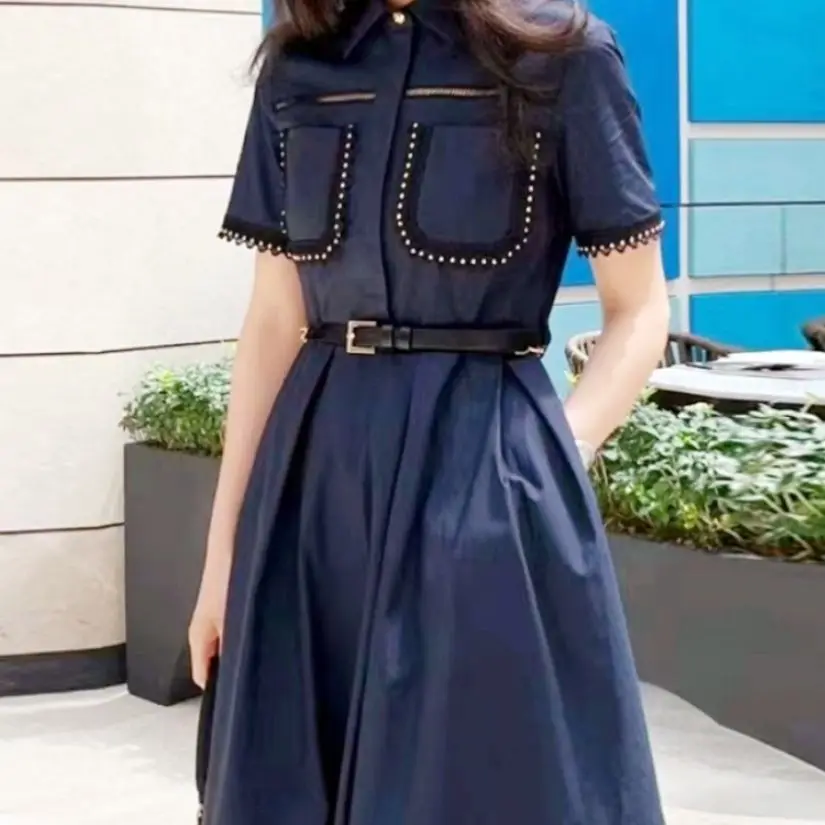 New Women Summer Vintage Shirt Dress Korean Style 2023 Chic Lace Trim Lapel High Waist A-line Female Casual Long Dresses Elegant