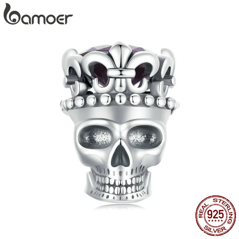 BAMOER 925 Sterling Silver Skull Beads Crown Charms for Women Halloween Jewelry Gift Bracelet Necklace DIY Accessories