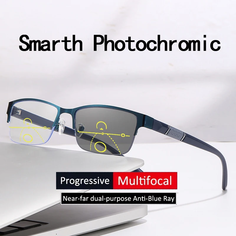 Multifokale Farbwechselnde Herren-Halbrahmen-Smart-Zoom-Brille für Nah- und Fernsicht 806