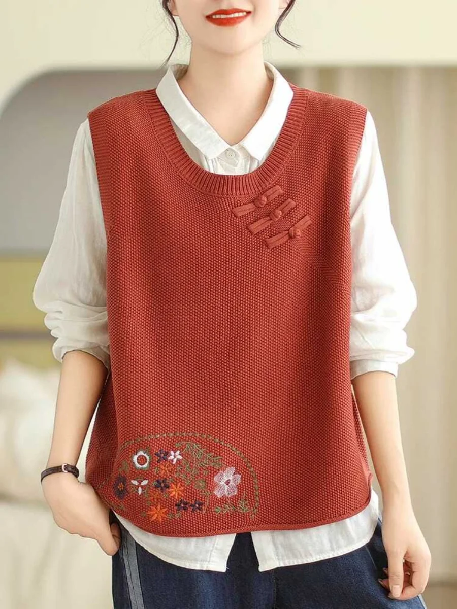 Women's Knitted Vest 2026 Spring Autumn Loose round Neck Retro Artistic Shoulder Pad Outerwear Top Comfortable Commute Style
