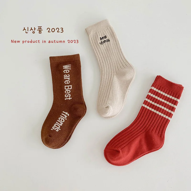 Kids Solid With Striped Socks Children Spring Autumn Cotton Socks Calf Length 3-12 year-old Baby Boys Girls Fashion Sport Sock