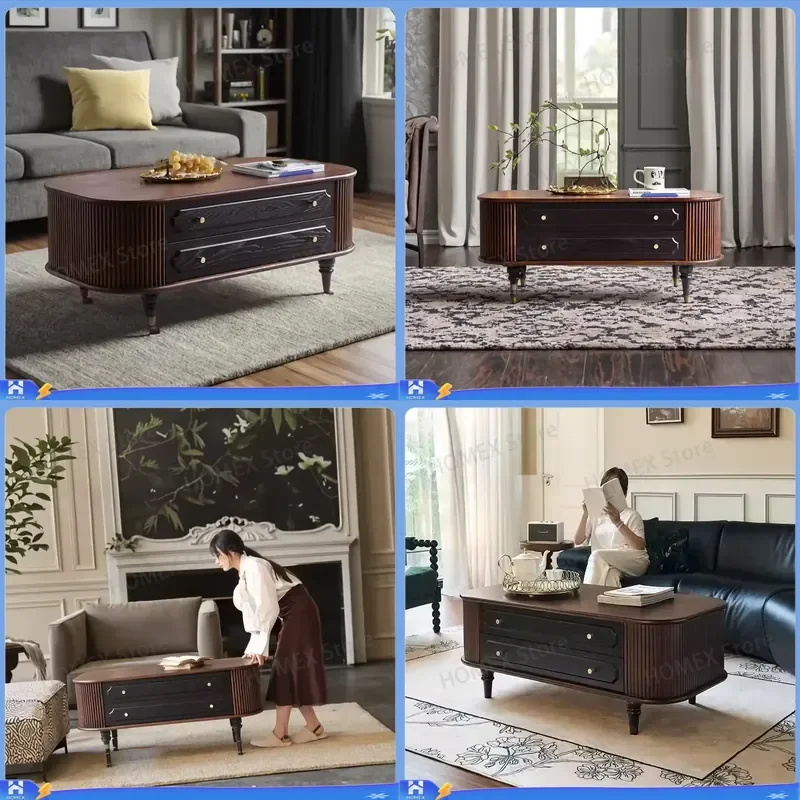 French Retro Solid Wood Coffee Table American Style Sofa Side Table Black Small Apartment Living Room Furniture Modern Home