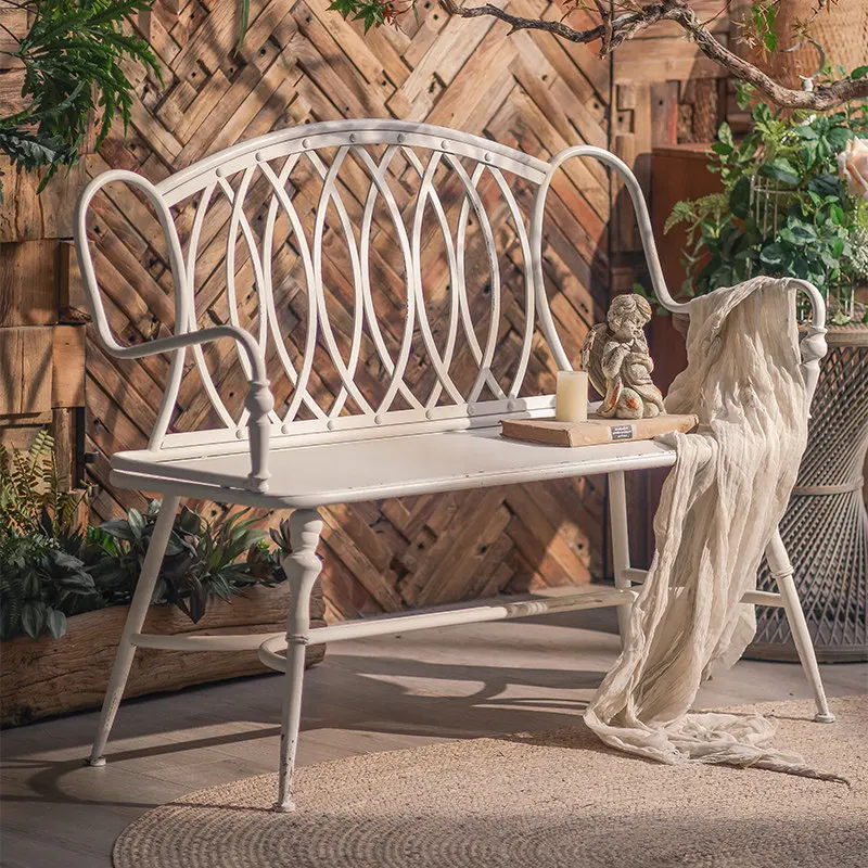 

French vintage distressed courtyard chair outdoor leisure wrought iron double bench park garden balcony back decorative chair