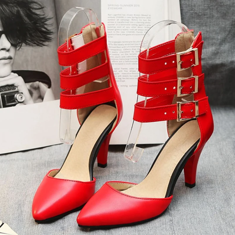 Large Size 46 Summer Women Sandals Sexy High Heel Pointed Toe Straps Gladiator Ankle Boots Red Black Buckle Party Wedding Shoes