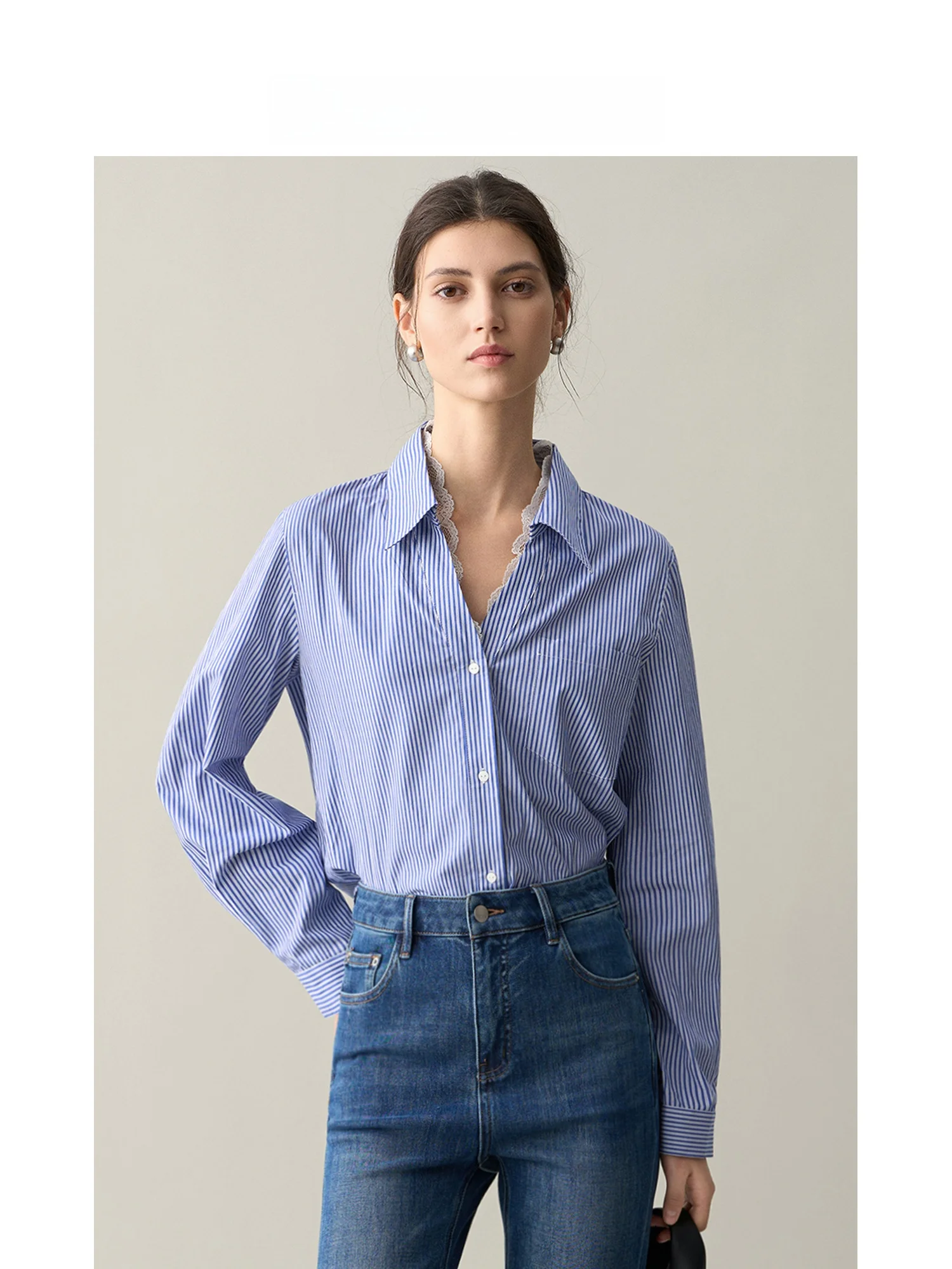 

Ruiqia Jie Blue Striped irt New Women's Lace Patchwork Long Sve Casual Elegance Top Breathable Cotton Pure Comfort