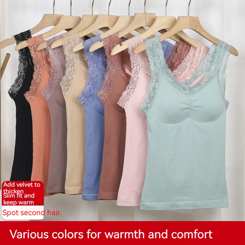 New Autumn/Winter Lace Warm Tank Top V-Neck Strap Bottom Coat With Plush and Thickened Cover Cup Warm Underwear