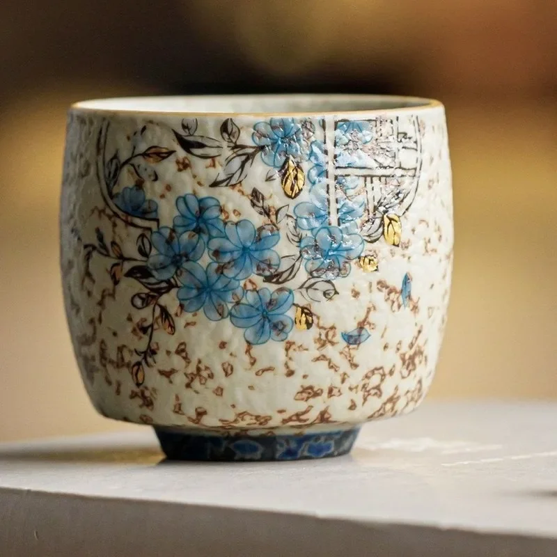 Luxury Blue Floral Window Pattern Stoneware Tea Cup, Personal Ceramic Gongfu Tea Set, Unique Master Cup for Elegant Tea