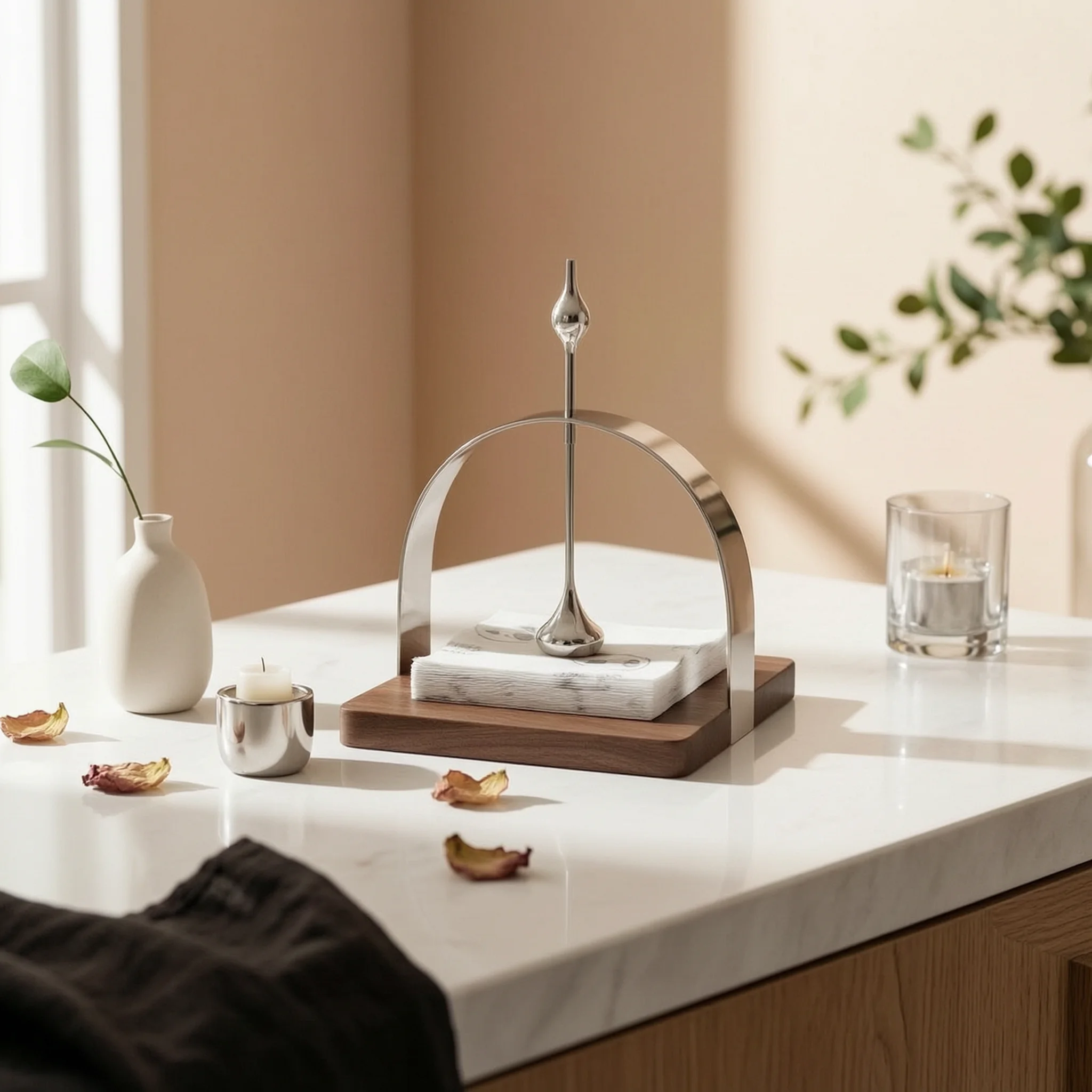 Tissue Holder with Wooden Base Tabletop Napkin Holder with Wooden Base Flat Napkin Dispenser Modern Stylish for Dining Table