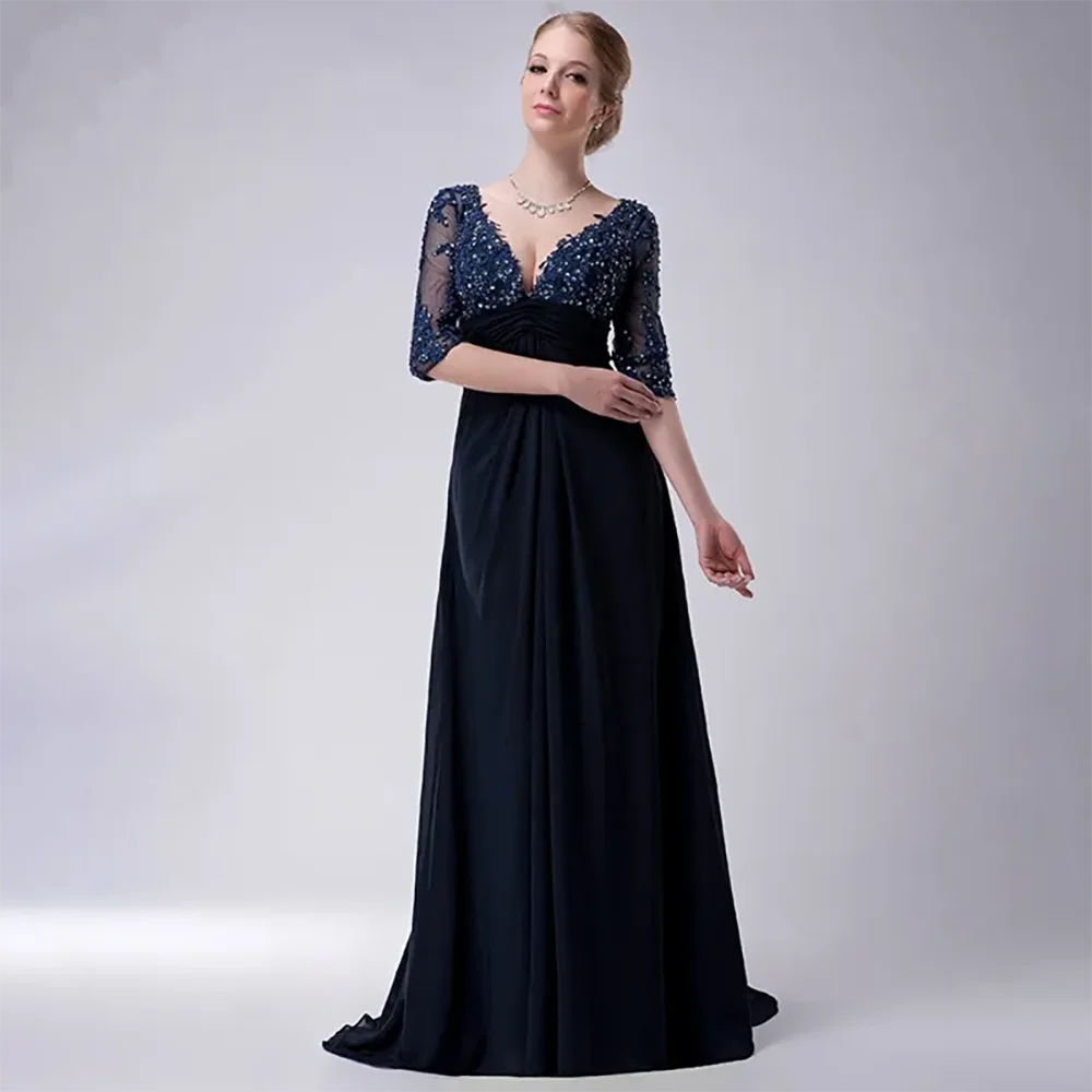 2024 New Navy Blue Mother Of The Bride Dresses A-line Half Sleeves Chiffon Lace Beaded Long Elegant Groom Mother Dresses