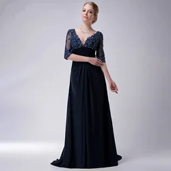 Chiffon Groom para a mãe da noiva, mangas meia linha A, vestido longo com renda, azul marinho, elegante, novo, 2024