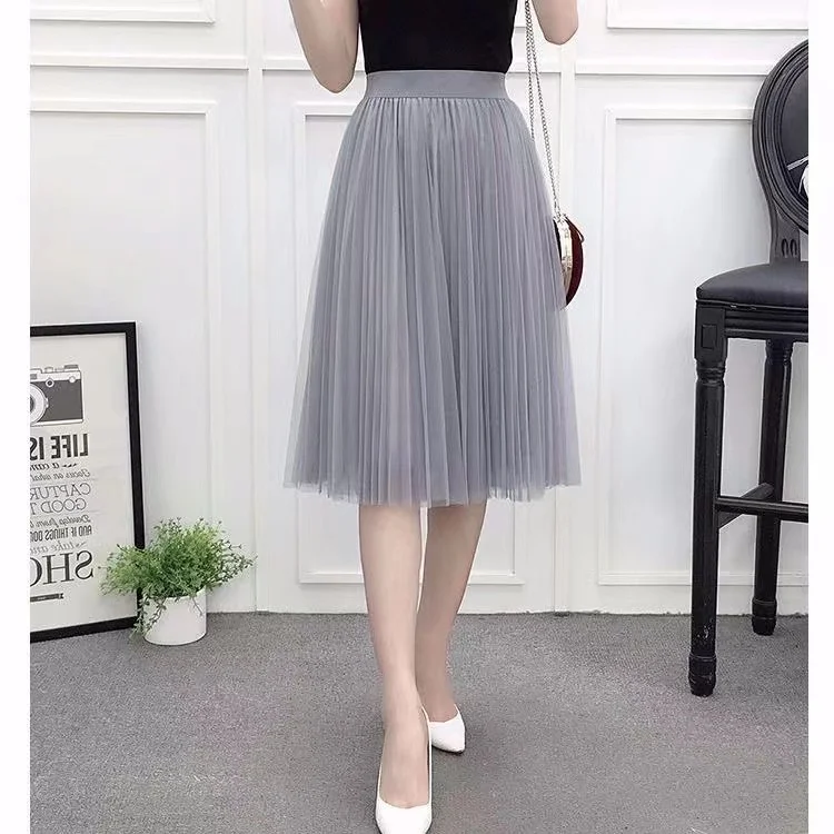 Sping Summer Fashion Korean Women's Mesh Skirt Pleated Skirt A- Line High Waist Skirt Woman Skirts Girls New Lace Skirts