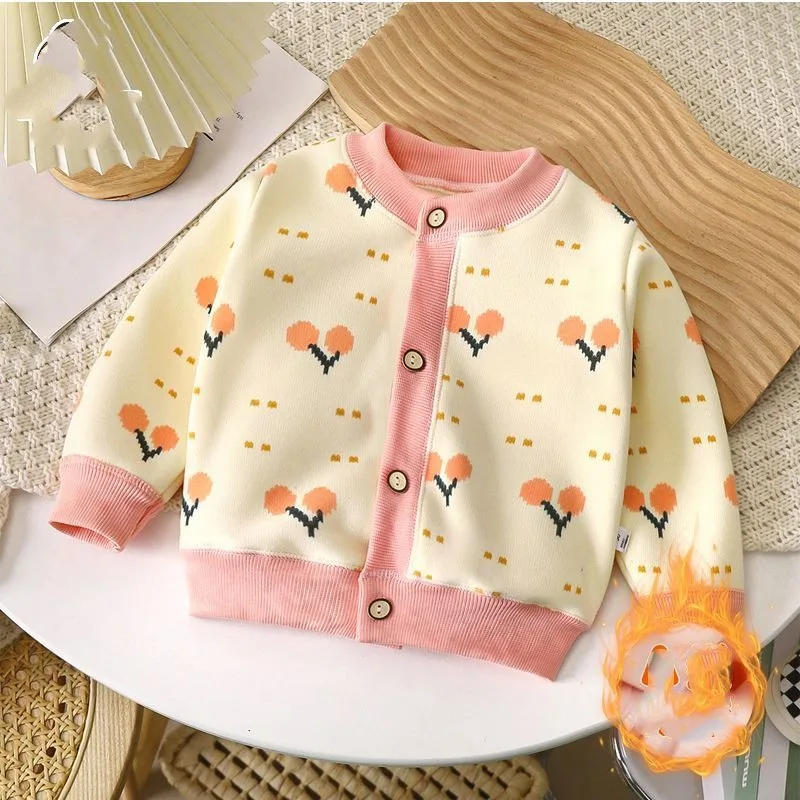 

Autumn and Winter Children's Round Neck Button Patchwork Printing Plaid Letter Cardigan Fashion Casual Elegant Long Sleeve Tops