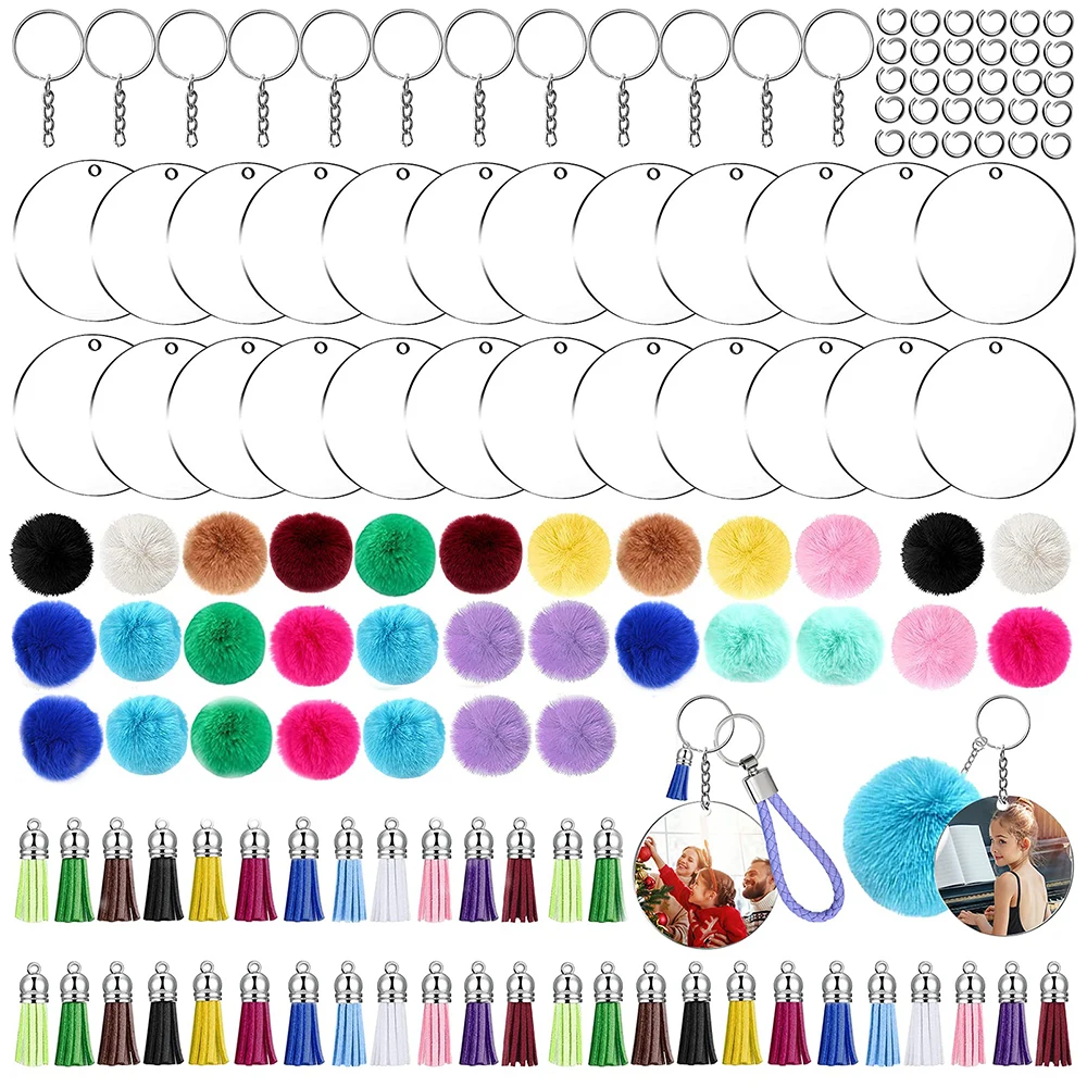 195pcs Acrylic Keychain Blanks with Tassels Kit Bulk Pom Pom Keychain For DIY Braided Key Chain Projects&Crafts