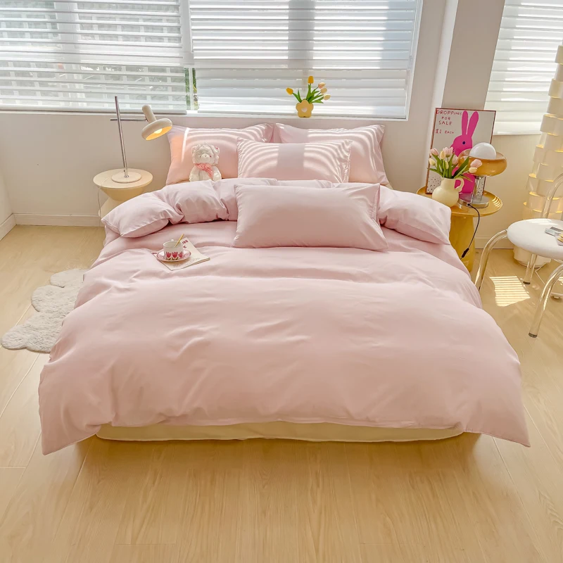 4pcs Pink Duvet Cover Solid Color Bedding Set Girls Bedroom Quilt Cover Polyester Comforter Cover 1 Flat Sheet 2 Pillowcases