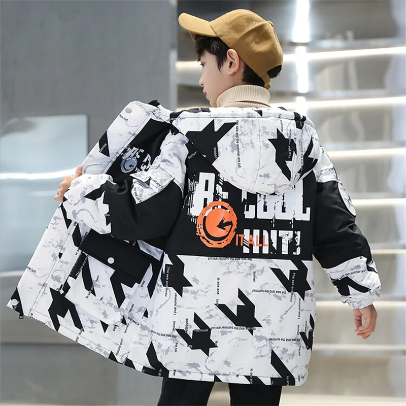 Boys Coat Jacket Cotton Outerwear Windbreak 2023 Hooded Thicken Velvet Winter Warm Teenagers Children\'s Clothing