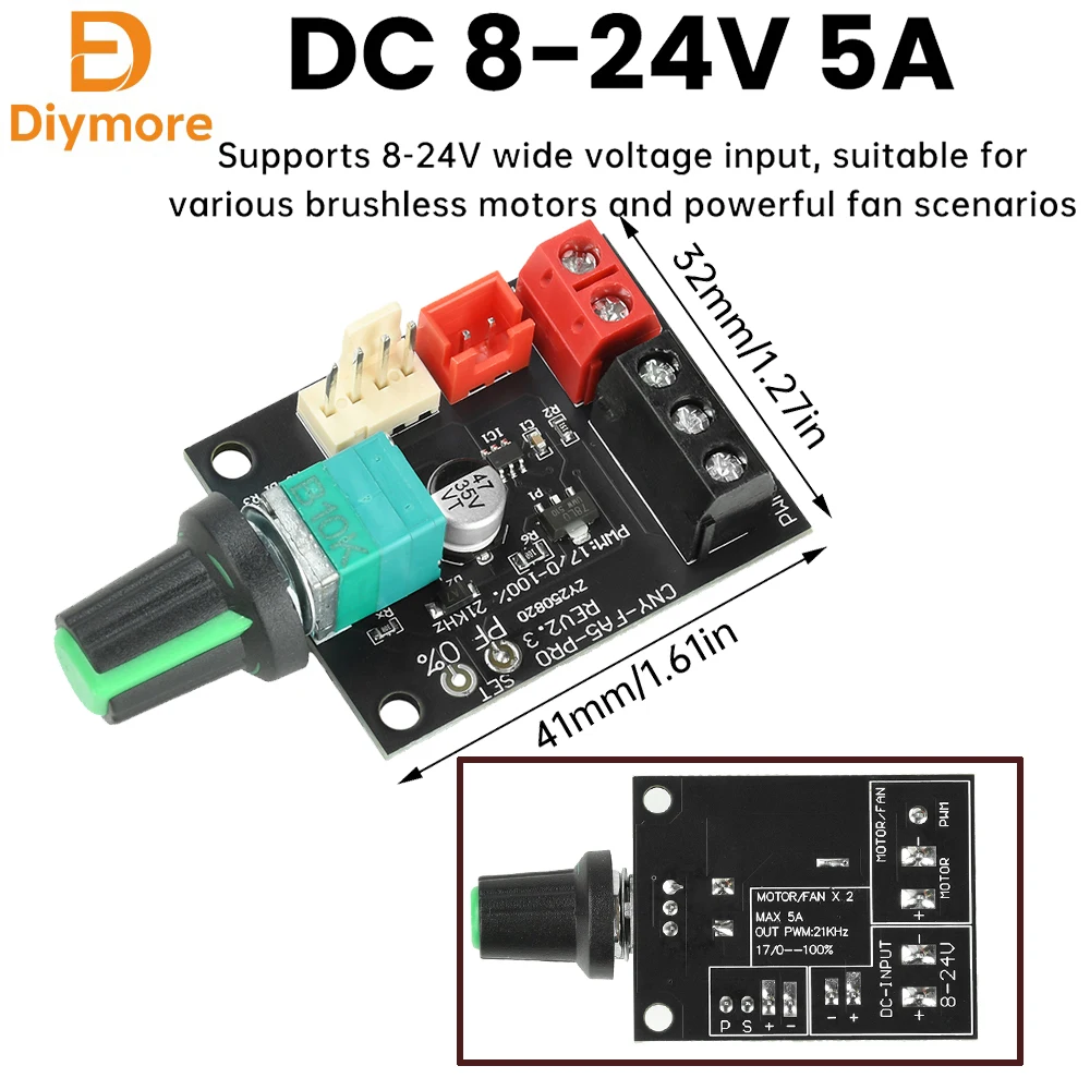 DC 8-24V 5A 4-Wire High-Power Fan Speed Controller Module Brushless DC Motors PWM 0-100% Speed Regulator Governor with Switch