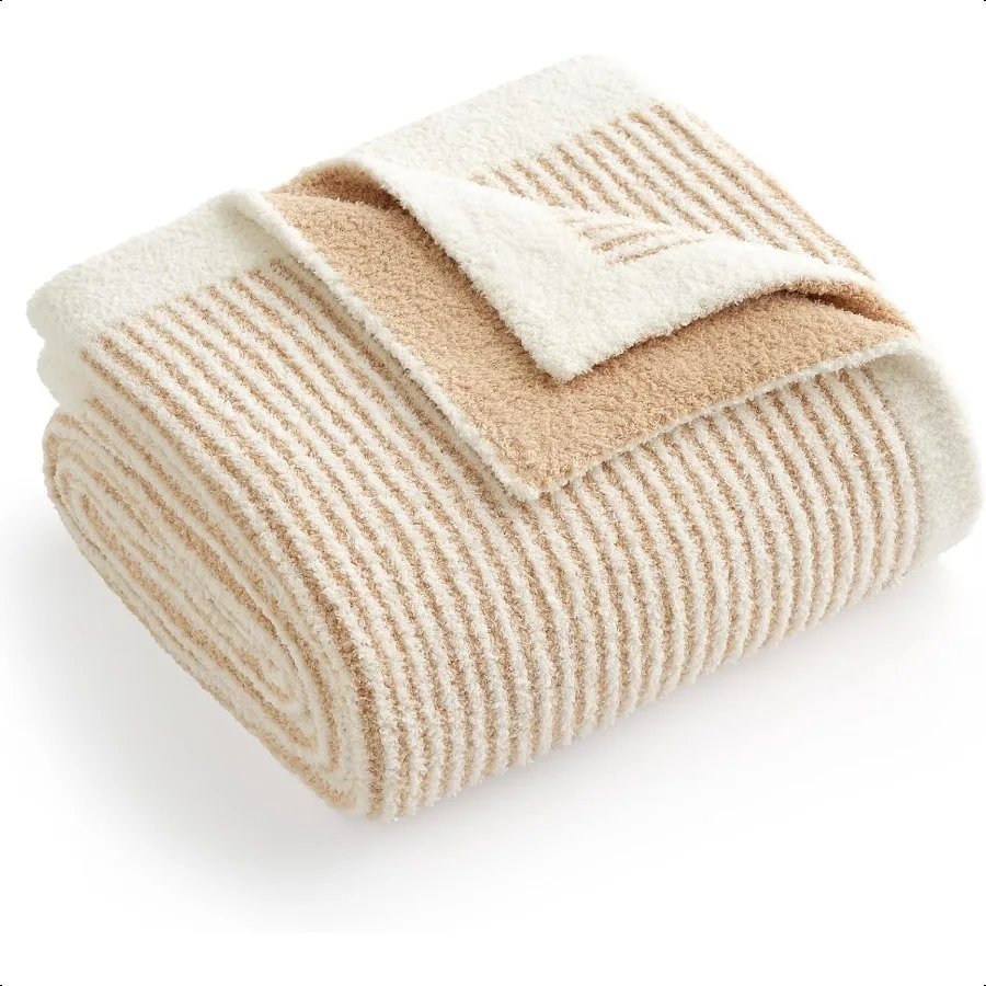 

Stripe Soft Throw Blanket for Couch Fuzzy Microfiber Knit Stripe Ribbed Blankets for Couch Sofa Travel Cream Beige 50x60 inches