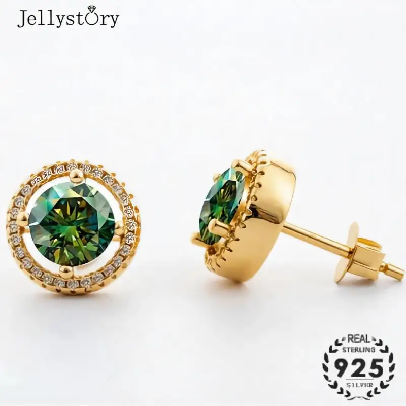 Jellystory S925 Silver 1ct Round Moissanite Earrings for Women Hypoallergenic New Design Classic Stud Dainty Jewelry Gift