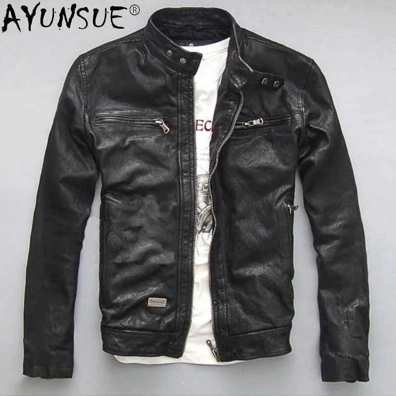 Genuine AYUNSUE Jacket Men Vintage Natural Sheepskin Coat Spring Autumn Mens Motorcycle Leather Fashion Chaquetas Hombre