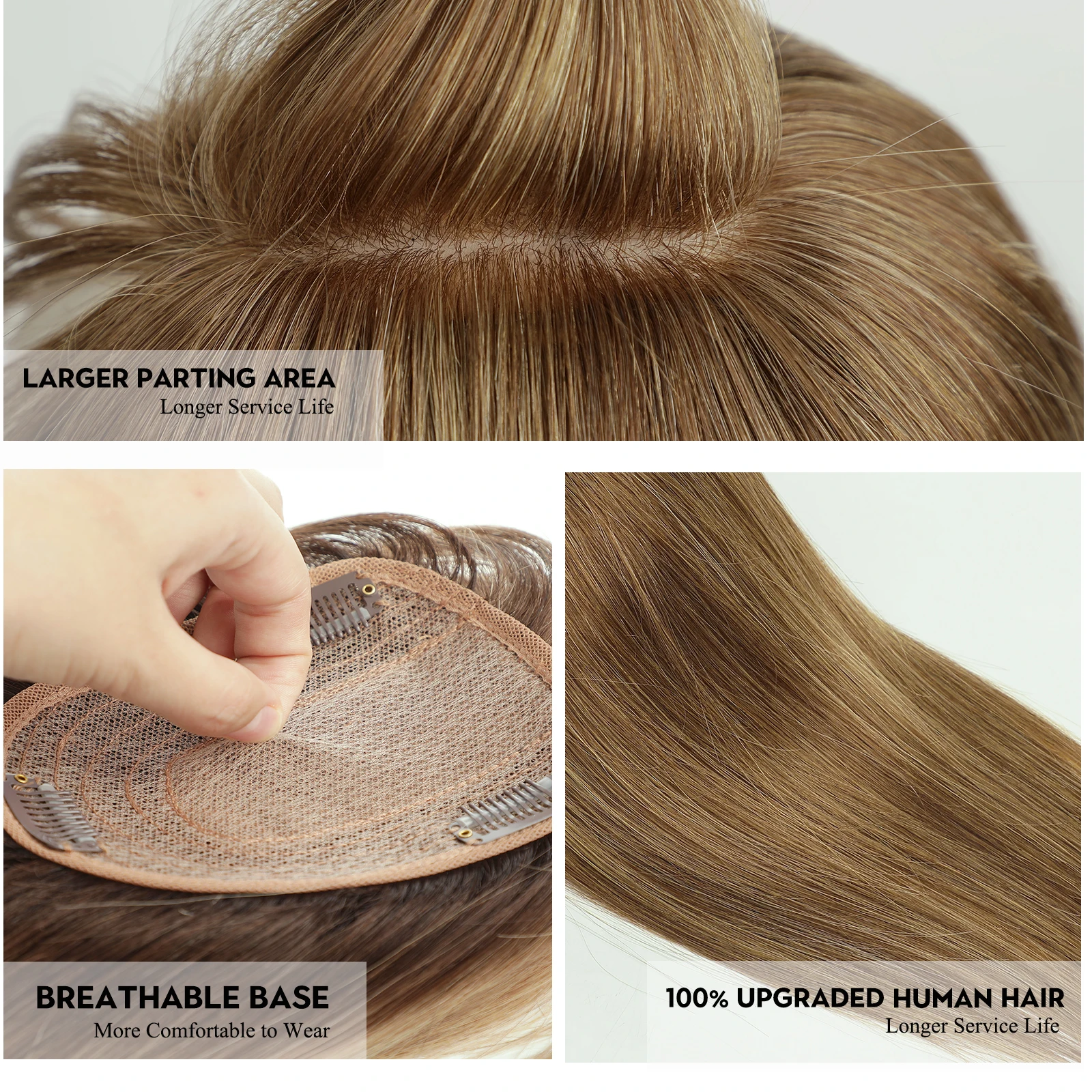 بني فاتح اللون الشعر البشري توبر مع الانفجارات قطع الشعر مع 3 مقاطع النساء القبعات العالية لتساقط الشعر خفيف حجم قاعدة الحرير القبعات العالية #5