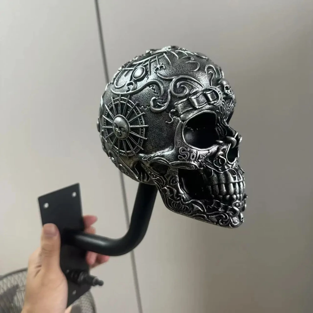 Punk Skull Helmet Holder Wall Mount Motorcycle Helmet Rack Hat Hanger Gothic Home Wall Art Garage Decor Resin Craft Gift