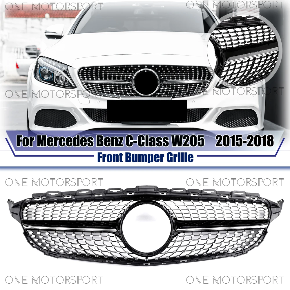 

Diamonds Style Racing Grille Bumper Grille Glossy Black For Mercedes Benz C-Class W205 2015-18 C250 C300 C350 Without 360 Camera