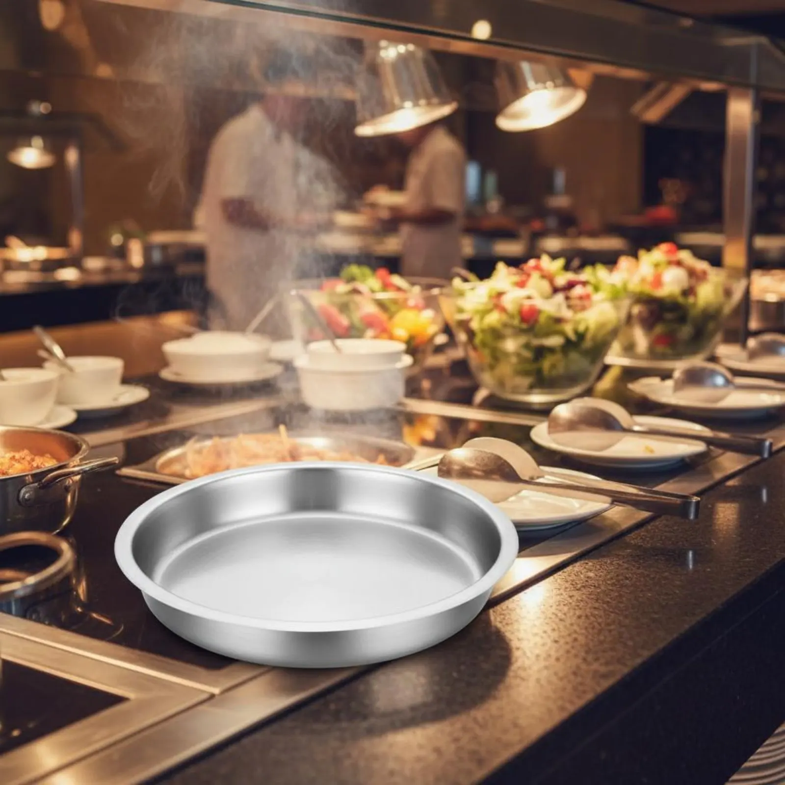 

Round Chafing Dish Food Pan Rust Resistant Round Food Warmer Insert Stainless Steel Buffet Pan Stackable Design for Caterers