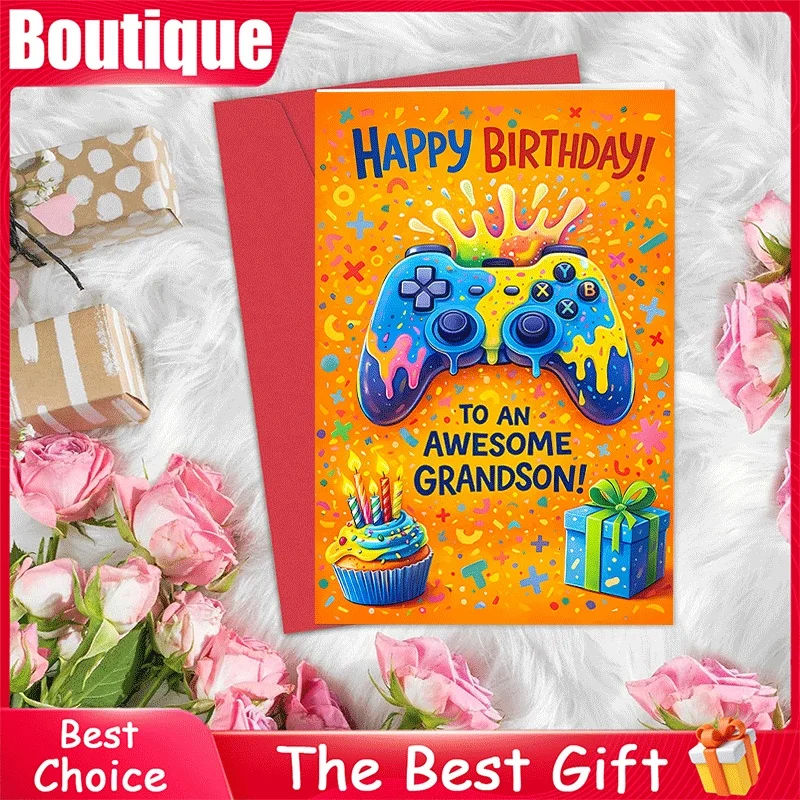 1PC Happy Birthday Greeting Card for Awesome Grandson, Video Game Controller Themed Birthday Card with Cupcake